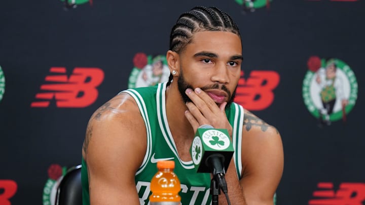 Sep 29, 2025; Boston, MA, USA;Boston Celtics forward Jayson Tatum (0) talks with reporters during media day at the Auerbach Center. Mandatory Credit: David Butler II-Imagn Images