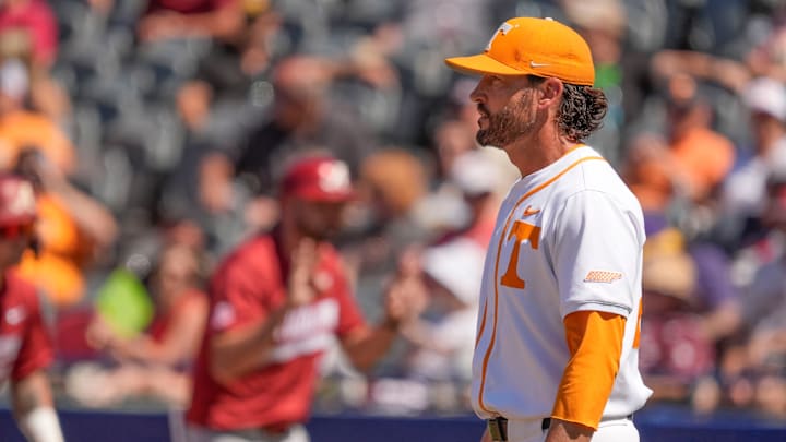 May 21, 2025; Hoover, AL, USA; Tennessee head coach Tony Vitello walks out to the mound during the game with Alabama in the second round of the SEC Baseball Tournament at the Hoover Met. May 21, 2025; Hoover, AL, USA; Tennessee head coach Tony Vitello walks out to the mound during the game with Alabama in the second round of the SEC Baseball Tournament at the Hoover Met.