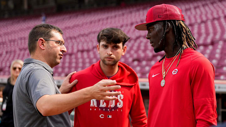 Cincinnati Reds general manager Nick Krall talks with third baseman Elly De La Cruz (44) during batting practice before the MLB National League game between the Cincinnati Reds and the LA Dodgers at Great American Ball Park in downtown Cincinnati on Tuesday, June 6, 2023. Cincinnati Reds general manager Nick Krall talks with third baseman Elly De La Cruz (44) during batting practice before the MLB National League game between the Cincinnati Reds and the LA Dodgers at Great American Ball Park in downtown Cincinnati on Tuesday, June 6, 2023.