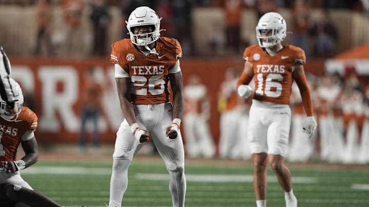 Texas Longhorns linebacker Ty’Anthony Smith reacts during the second half against the Texas A&M Aggies at Darrell K Royal-Texas Memorial Stadium.