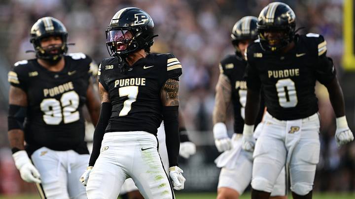 Sep 4, 2026; West Lafayette, Indiana, USA;  Purdue Boilermakers defensive back Don Saunders (7) reacts after a play.