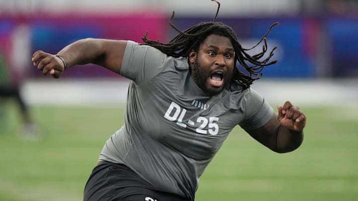 Feb 29, 2024; Indianapolis, IN, USA; Texas defensive lineman T'Vondre Sweat (DL25) works out during