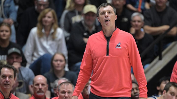 Samford Bulldogs head coach Bucky McMillan looks up at the video board during the second half against the Purdue Boilermakers at Mackey Arena. Samford Bulldogs head coach Bucky McMillan looks up at the video board during the second half against the Purdue Boilermakers at Mackey Arena.