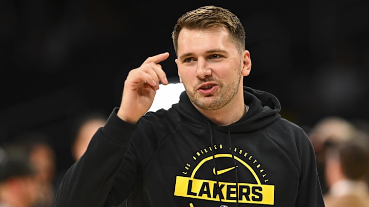 Los Angeles Lakers guard Luka Doncic (77) reacts before the game against the Miami Heat at Crypto.com Arena.
