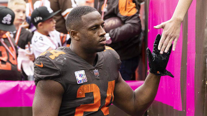 Oct 9, 2022; Cleveland, Ohio, USA; Cleveland Browns running back Nick Chubb (24) high fives fans following their loss to the Los Angeles Chargers at FirstEnergy Stadium.