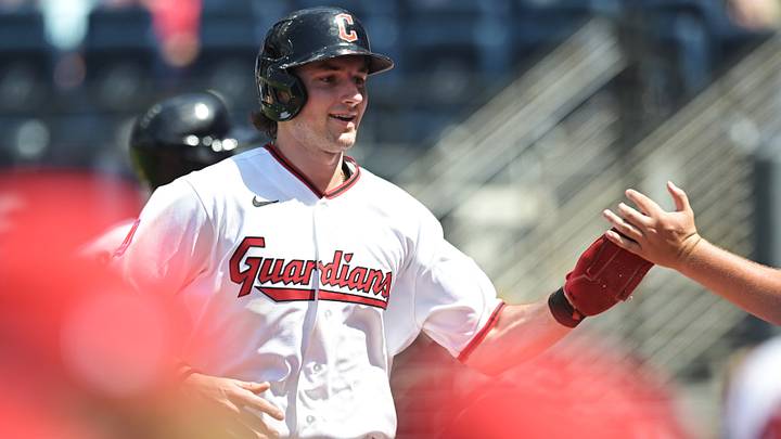 Jul 1, 2026: Cleveland Guardians right fielder Chase DeLauter (24) celebrates after scoring during the seventh inning against the Texas Rangers at Progressive Field. 
