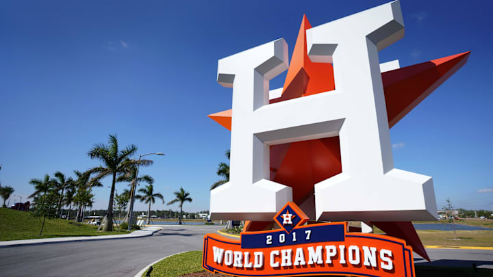 Mar 18, 2018; West Palm Beach, FL, USA; A view of the Houston Astros logo statue with the addition of the 2017 World Champions sign at The Ballpark of the Palm Beaches prior to the spring training game between the Atlanta Braves and Houston Astros. Mandatory Credit: Jasen Vinlove-Imagn Images