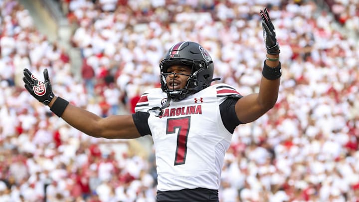 Oct 19, 2024; Norman, Oklahoma, USA; South Carolina Gamecocks defensive back Nick Emmanwori (7) reacts after returning an interception for a touchdown during the first half against the Oklahoma Sooners at Gaylord Family-Oklahoma Memorial Stadium. Mandatory Credit: Kevin Jairaj-Imagn Images Oct 19, 2024; Norman, Oklahoma, USA; South Carolina Gamecocks defensive back Nick Emmanwori (7) reacts after returning an interception for a touchdown during the first half against the Oklahoma Sooners at Gaylord Family-Oklahoma Memorial Stadium. Mandatory Credit: Kevin Jairaj-Imagn Images
