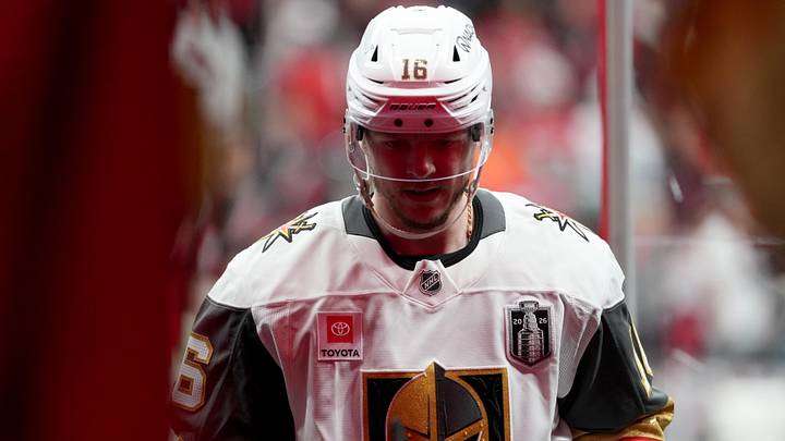 Jun 11, 2026; Raleigh, North Carolina, USA; Vegas Golden Knights right wing Pavel Dorofeyev (16) warms up before game five of the 2026 Stanley Cup Final against the Carolina Hurricanes at Lenovo Center. Mandatory Credit: James Guillory-Imagn Images