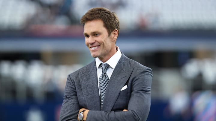 Oct 13, 2024; Arlington, Texas, USA; Fox Sports  broadcaster Tom Brady before the game between the Dallas Cowboys and Detroit Lions at AT&T Stadium. Mandatory Credit: Kevin Jairaj-Imagn Images