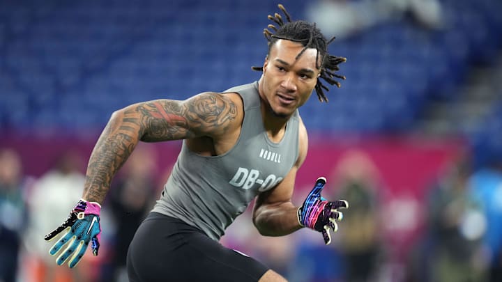 Mar 3, 2023; Indianapolis, IN, USA; Alabama defensive back Brian Branch (DB06) participates in