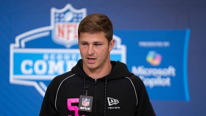 Feb 26, 2026; Indianapolis, IN, USA; Texas defensive back Michael Taaffe (DB51) speaks to members of the media during the NFL Combine at the Indiana Convention Center. Mandatory Credit: Jacob Musselman-Imagn Images