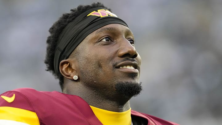 Sep 11, 2025; Green Bay, Wisconsin, USA;  Washington Commanders wide receiver Deebo Samuel Sr. (1) during warmups prior to the game against the Green Bay Packers at Lambeau Field. Mandatory Credit: Jeff Hanisch-Imagn Images