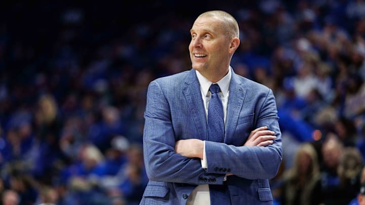 Feb 8, 2025; Lexington, Kentucky, USA; Kentucky Wildcats head coach Mark Pope looks on during the second half against the South Carolina Gamecocks at Rupp Arena at Central Bank Center. Mandatory Credit: Jordan Prather-Imagn Images