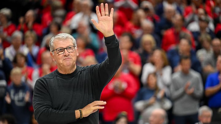 Nov 20, 2024; Storrs, Connecticut, USA; Connecticut Huskies head coach Geno Auriemma waves to the crowd before a game between the Connecticut Huskies and the Fairleigh Dickinson Knights at Harry A. Gampel Pavilion. Mandatory Credit: Mark Smith-Imagn Images
