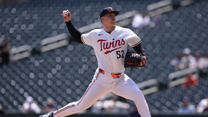 May 14, 2026; Minneapolis, Minnesota, USA; Minnesota Twins pitcher Zebby Matthews (52) pitches during the first inning against the Miami Marlins at Target Field. Mandatory Credit: Jordan Johnson-Imagn Images