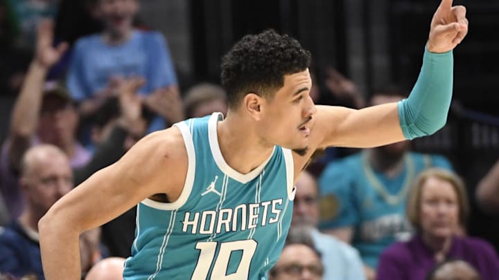 Mar 25, 2025; Charlotte, North Carolina, USA; Charlotte Hornets guard Josh Green (10) reacts after scoring during the first half against the Orlando Magic at the Spectrum Center. Mandatory Credit: Sam Sharpe-Imagn Images Mar 25, 2025; Charlotte, North Carolina, USA; Charlotte Hornets guard Josh Green (10) reacts after scoring during the first half against the Orlando Magic at the Spectrum Center. Mandatory Credit: Sam Sharpe-Imagn Images