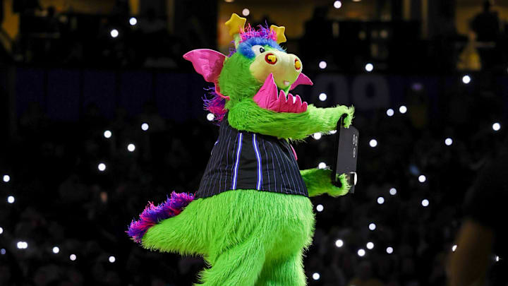 Nov 4, 2023; Orlando, Florida, USA; Orlando Magic mascot Stuff performs during the game against the