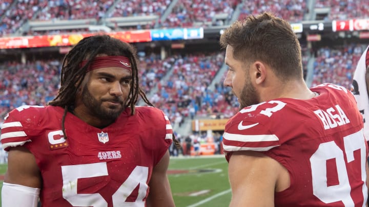 San Francisco 49ers linebacker Fred Warner (L) and defensive end Nick Bosa (R)