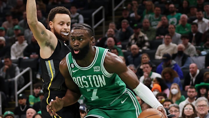 Stephen Curry guards Jaylen Brown, Golden State Warriors v Boston Celtics