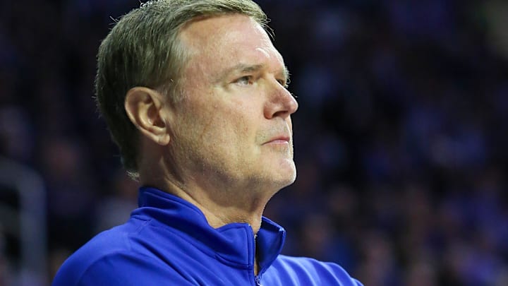 Feb 5, 2024; Manhattan, Kansas, USA; Kansas Jayhawks head coach Bill Self watches the action during