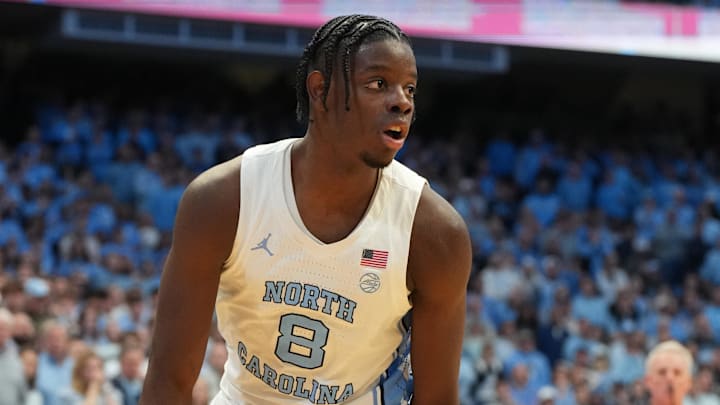 Feb 7, 2026; Chapel Hill, North Carolina, USA; North Carolina Tar Heels forward Caleb Wilson (8) with the ball in the second half at Dean E. Smith Center. Mandatory Credit: Bob Donnan-Imagn Images