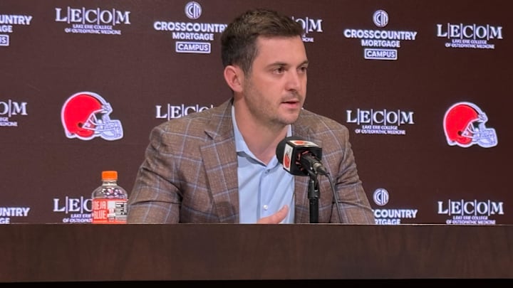 Tommy Rees speaks to reporters during his introductory news conference as Cleveland Browns offensive coordinator.