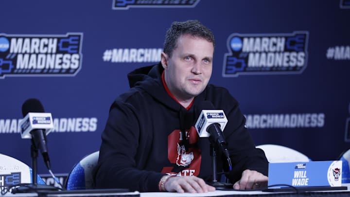 Mar 16, 2026; Dayton, OH, USA; NC State Wolfpack head coach Will Wade speaks with the media during a practice session ahead of the first four of the men's 2026 NCAA Tournament at University of Dayton Arena. Mandatory Credit: Rick Osentoski-Imagn Images Mar 16, 2026; Dayton, OH, USA; NC State Wolfpack head coach Will Wade speaks with the media during a practice session ahead of the first four of the men's 2026 NCAA Tournament at University of Dayton Arena. Mandatory Credit: Rick Osentoski-Imagn Images