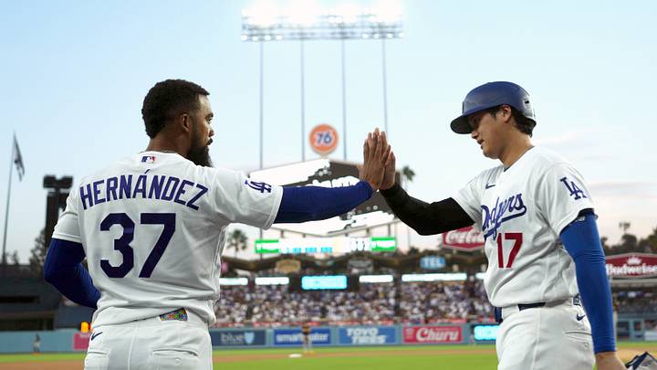 Aug 21, 2026; Los Angeles, California, USA; Los Angeles Dodgers designated hitter Shohei Ohtani (17) is congratulated by left fielder Teoscar Hernandez (37) after scoring on a two-run home run by third baseman Max Muncy (not pictured) in the first inning against the Pittsburgh Pirates at Dodger Stadium. Mandatory Credit: Kirby Lee-Imagn Images Aug 21, 2026; Los Angeles, California, USA; Los Angeles Dodgers designated hitter Shohei Ohtani (17) is congratulated by left fielder Teoscar Hernandez (37) after scoring on a two-run home run by third baseman Max Muncy (not pictured) in the first inning against the Pittsburgh Pirates at Dodger Stadium. Mandatory Credit: Kirby Lee-Imagn Images