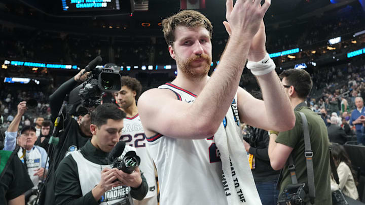 Mar 25, 2023; Las Vegas, NV, USA; Gonzaga Bulldogs forward Drew Timme (2) reacts after the game against the Connecticut Huskies in the NCAA tournament West Regional final at T-Mobile Arena. Mandatory Credit: Joe Camporeale-Imagn Images Mar 25, 2023; Las Vegas, NV, USA; Gonzaga Bulldogs forward Drew Timme (2) reacts after the game against the Connecticut Huskies in the NCAA tournament West Regional final at T-Mobile Arena. Mandatory Credit: Joe Camporeale-Imagn Images