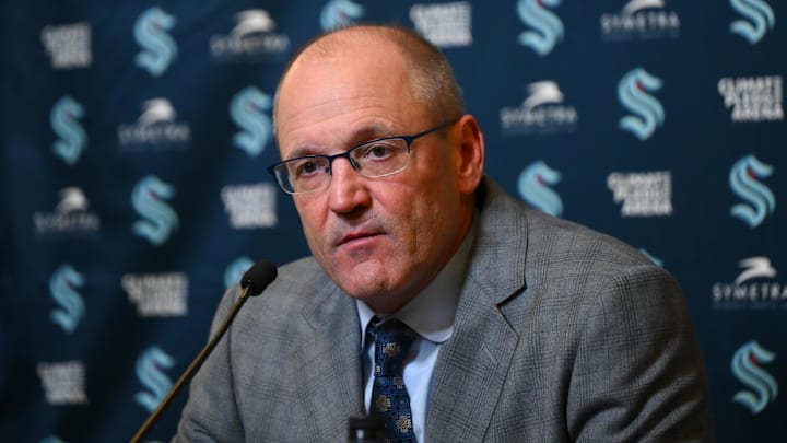 Oct 2, 2024; Seattle, Washington, USA; Dan Bylsma talks with the media after the game against the Edmonton Oilers at Climate Pledge Arena. Mandatory Credit: Steven Bisig-Imagn Images