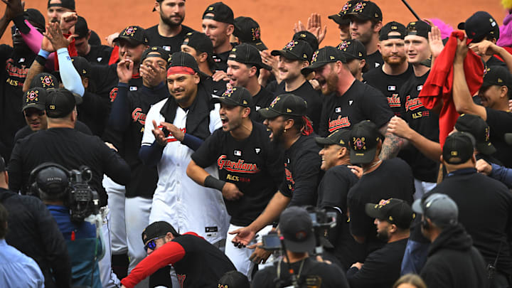 Oct 12, 2024; Cleveland, Ohio, USA; The Cleveland Guardians celebrate after defeating the Detroit Tigers during game five of the ALDS for the 2024 MLB Playoffs at Progressive Field. Mandatory Credit: David Richard-Imagn Images