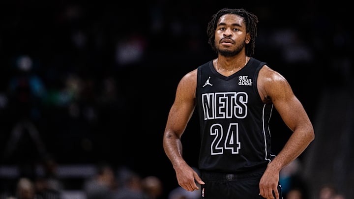 Mar 8, 2025; Charlotte, North Carolina, USA; Brooklyn Nets guard Cam Thomas (24) looks on during a break against the Charlotte Hornets during the second quarter at Spectrum Center. Mandatory Credit: Scott Kinser-Imagn Images