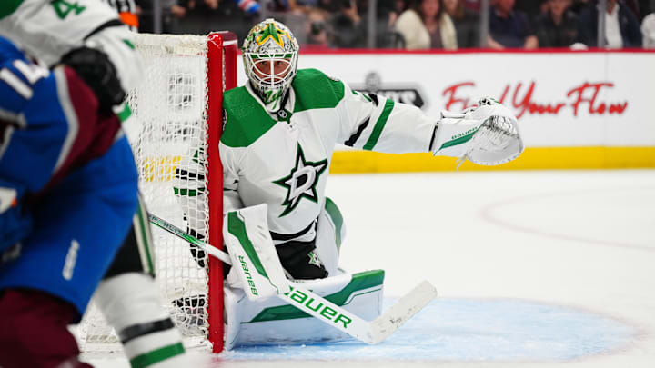 May 17, 2024; Denver, Colorado, USA; Dallas Stars goaltender Jake Oettinger (29) during an overtime period against the Colorado Avalanche in game six of the second round of the 2024 Stanley Cup Playoffs at Ball Arena. Mandatory Credit: Ron Chenoy-Imagn Images