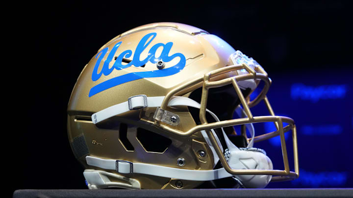 Jul 29, 2022; Los Angeles, CA, USA; A detailed view of UCLA Bruins helmet during Pac-12 Media Day at Novo Theater. Mandatory Credit: Kirby Lee-Imagn Images