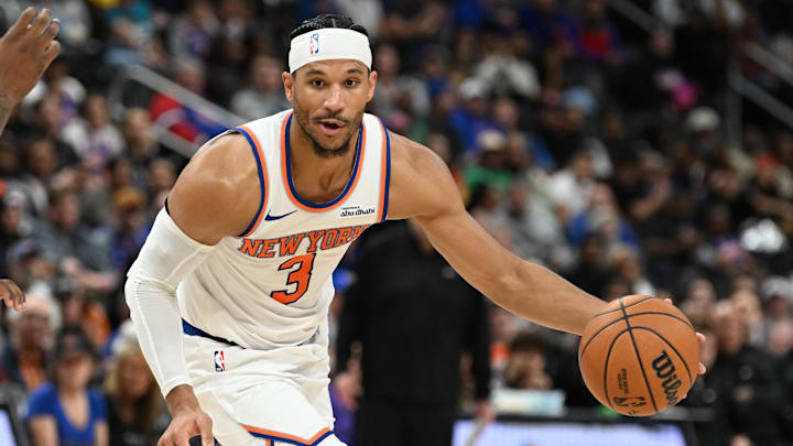 Nov 1, 2024; Detroit, Michigan, USA; New York Knicks guard Josh Hart (3) dribbles the ball at the top of the key against the Detroit Pistons in the third quarter at Little Caesars Arena. Mandatory Credit: Lon Horwedel-Imagn Images