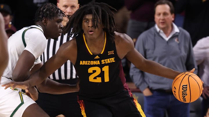 Jan 11, 2025; Tempe, Arizona, USA; Arizona State Sun Devils forward Jayden Quaintance (21) against the Baylor Bears at Desert Financial Arena. Mandatory Credit: Mark J. Rebilas-Imagn Images