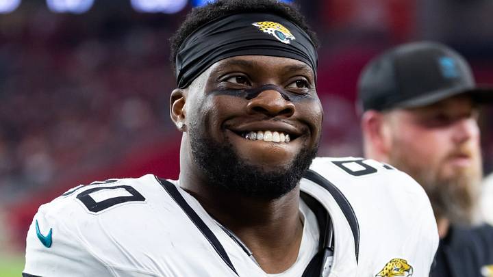 Nov 23, 2025; Glendale, Arizona, USA; Jacksonville Jaguars defensive lineman Emmanuel Ogbah (90) against the Arizona Cardinals at State Farm Stadium. Mandatory Credit: Mark J. Rebilas-Imagn Images