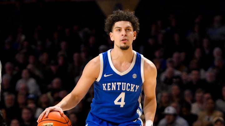 Jan 25, 2025; Nashville, Tennessee, USA;  Kentucky Wildcats guard Koby Brea (4) brings the ball up court against the Vanderbilt Commodores during the second half at Memorial Gymnasium. Mandatory Credit: Steve Roberts-Imagn Images