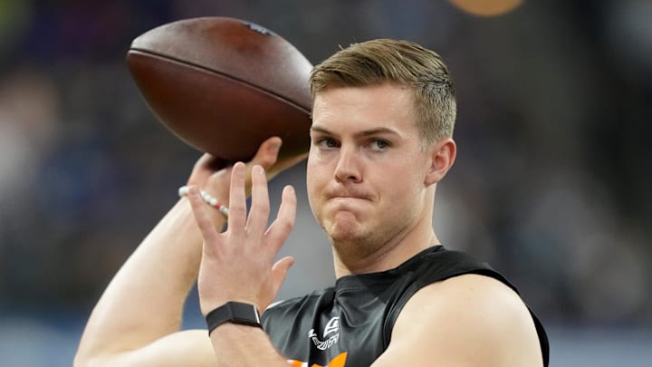 Mar 1, 2025; Indianapolis, IN, USA; Ohio State quarterback Will Howard (QB07) during the 2025 NFL Combine at Lucas Oil Stadium. Mandatory Credit: Kirby Lee-Imagn Images