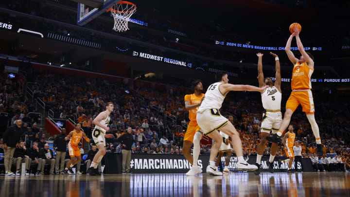Mar 31, 2024; Detroit, MI, USA; Tennessee Volunteers guard Dalton Knecht (3) shoots the ball over Purdue Boilermakers guard Myles Colvin (5) in the first half during the NCAA Tournament Midwest Regional Championship at Little Caesars Arena. Mandatory Credit: Rick Osentoski-USA TODAY Sports