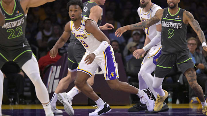 Apr 19, 2025; Los Angeles, California, USA; Los Angeles Lakers guard Bronny James (9) defends on the court in the second half against the Minnesota Timberwolves at Crypto.com Arena. Mandatory Credit: Jayne Kamin-Oncea-Imagn Images Apr 19, 2025; Los Angeles, California, USA; Los Angeles Lakers guard Bronny James (9) defends on the court in the second half against the Minnesota Timberwolves at Crypto.com Arena. Mandatory Credit: Jayne Kamin-Oncea-Imagn Images