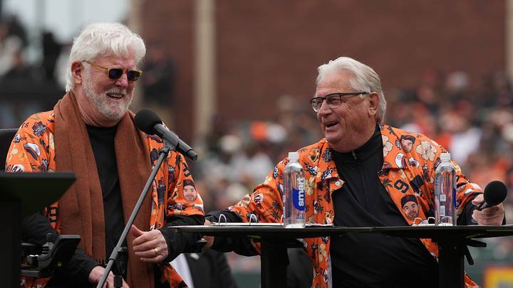 San Francisco Giants television announcers Mike Krukow (left) and Duane Kuiper (right). Mandatory Credit: Darren Yamashita-Imagn Images San Francisco Giants television announcers Mike Krukow (left) and Duane Kuiper (right). Mandatory Credit: Darren Yamashita-Imagn Images