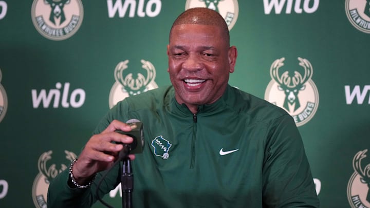 Jan 25, 2025; Inglewood, California, USA; Milwaukee Bucks coach Doc Rivers at a press conference before the game against the Los Angeles Clippers at the Intuit Dome. Mandatory Credit: Kirby Lee-Imagn Images