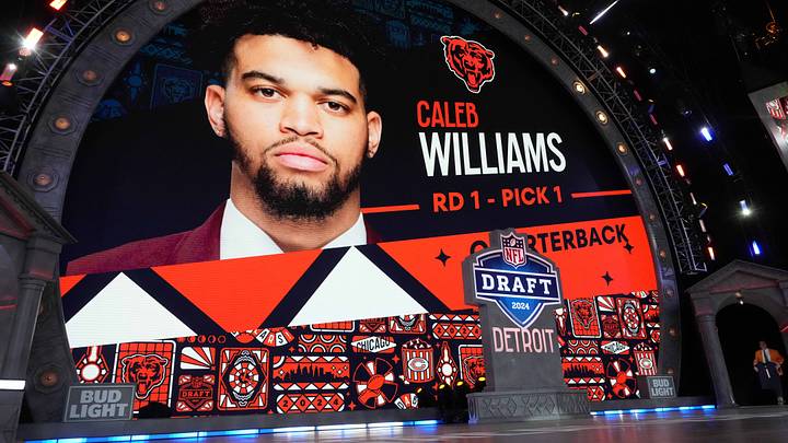 Apr 25, 2024; Detroit, MI, USA; Southern California Trojans quarterback Caleb Williams is chosen as the No. 1 pick in the first round during the 2024 NFL Draft at Campus Martius Park and Hart Plaza. Mandatory Credit: Kirby Lee-USA TODAY Sports