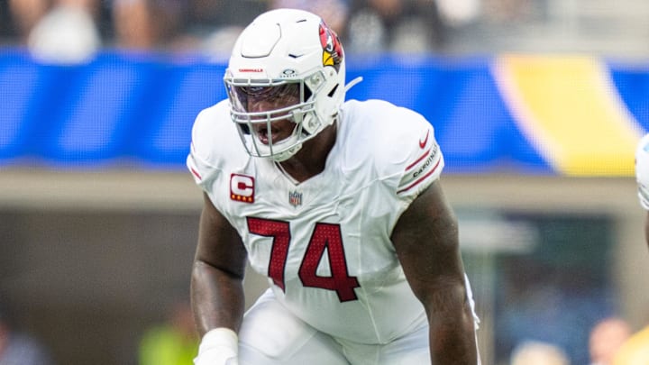 October 15, 2023; Inglewood, California, USA; Arizona Cardinals offensive tackle D.J. Humphries (74) during the first quarter against the Los Angeles Rams at SoFi Stadium. Mandatory Credit: Kyle Terada-Imagn Images October 15, 2023; Inglewood, California, USA; Arizona Cardinals offensive tackle D.J. Humphries (74) during the first quarter against the Los Angeles Rams at SoFi Stadium. Mandatory Credit: Kyle Terada-Imagn Images