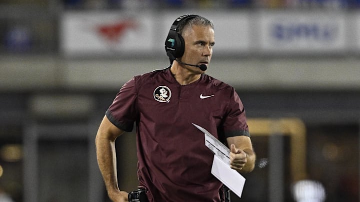 Sep 28, 2024; Dallas, Texas, USA; Florida State Seminoles head coach Mike Norvell during the game between the Southern Methodist Mustangs and the Florida State Seminoles at Gerald J. Ford Stadium. Mandatory Credit: Jerome Miron-Imagn Images
