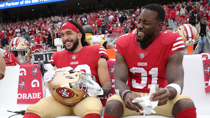 San Francisco 49ers safeties Talanoa Hufanga (L) and Tashaun Gipson (R)