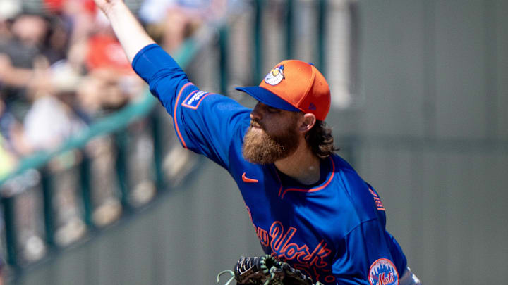 Mar 2, 2025; Fort Myers, Florida, USA; New York Mets pitcher Paul Blackburn (58) during the second inning of their game with the Boston Red Sox at JetBlue Park at Fenway South. Mandatory Credit: Chris Tilley-Imagn Images