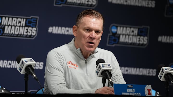 Mar 18, 2026; Greenville, SC, USA; Illinois Fighting Illini head coach Brad Underwood during a press conference ahead of the first round of the men's 2026 NCAA Tournament. Mar 18, 2026; Greenville, SC, USA; Illinois Fighting Illini head coach Brad Underwood during a press conference ahead of the first round of the men's 2026 NCAA Tournament.
